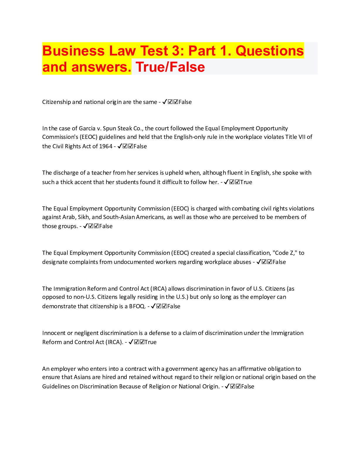 Business Law Test 3 Part 1. Questions and answers. True/False Browsegrades